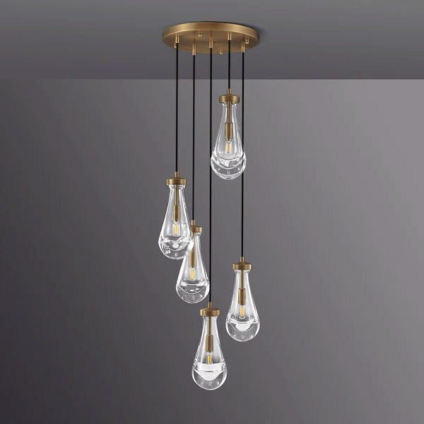 5-Light Glass Drop Chandelier, 14 Inch Round Ceiling Fixture with Cascading Crystal Pendants for Dining Room & Entryway | Thomler