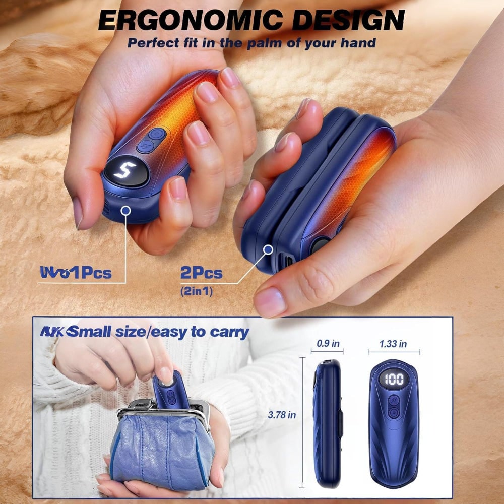 USB Hand Warmers 5-Heat LED Display Pocket Heaters Rechargeable Set 2-Pack for Skiing Winter Commute | Thomler