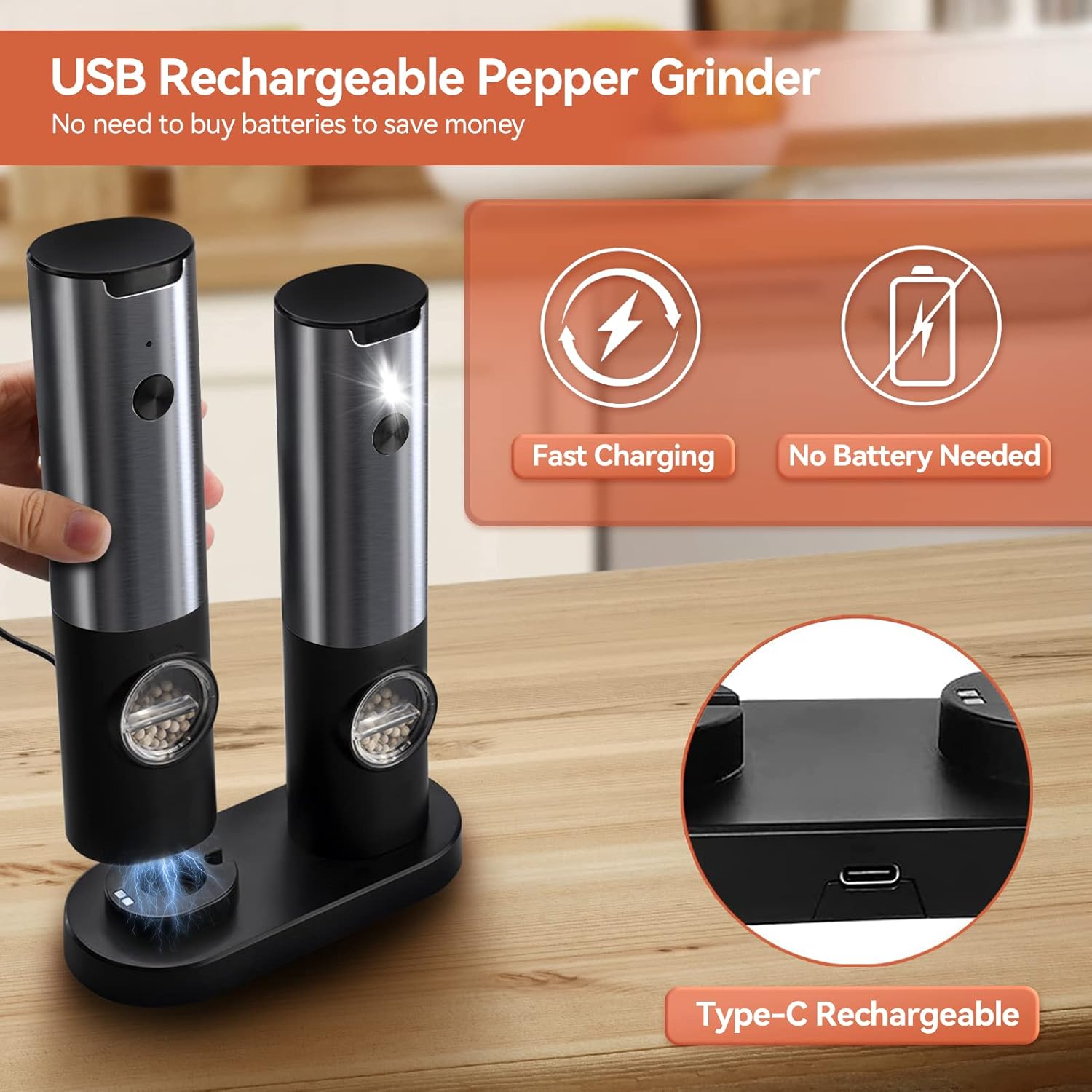USB Rechargeable Electric Grinder Mill for Spices and Seasonings – Automatic One-Touch Stainless Steel Mill with Adjustable Coarseness Setti | Thomler