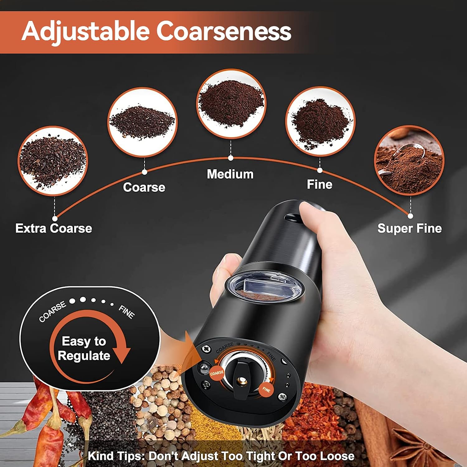 USB Rechargeable Electric Grinder Mill for Spices and Seasonings – Automatic One-Touch Stainless Steel Mill with Adjustable Coarseness Setti | Thomler