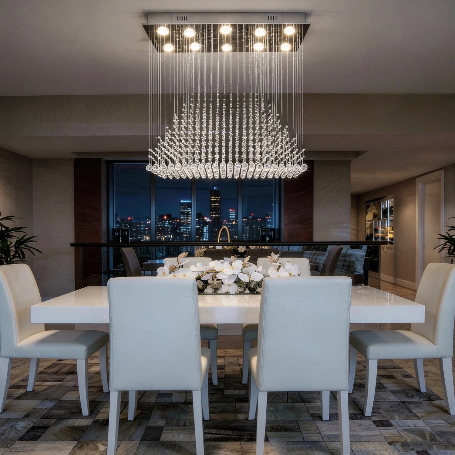 Rectangular Crystal Chandelier with Pyramid Design, 10-Light Stainless Steel Hanging Fixture for Dining Room, Kitchen Island & Living Room | Thomler