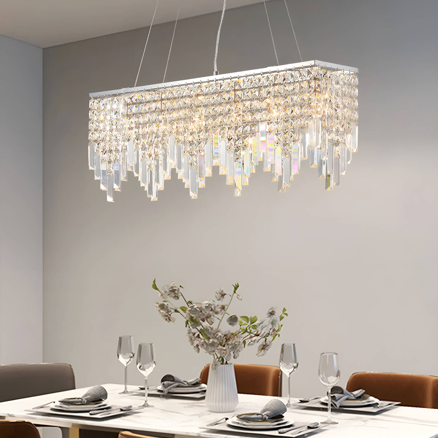 Linear Crystal Pendant Light Fixture Modern Dining Room Chandelier Stainless Steel Frame E12 Candelabra Base Adjustable Hanging Height for | Thomler