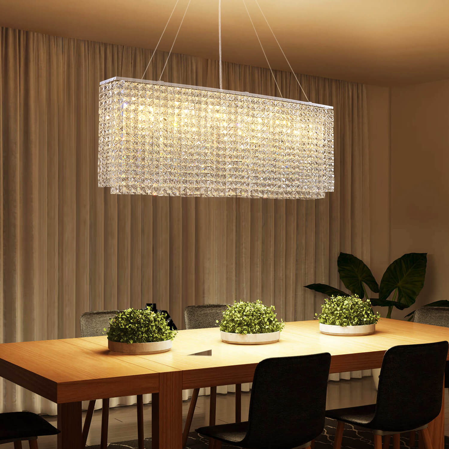 Linear Crystal Chandelier Chrome Finish Rectangular Dining Room Light Fixture Adjustable Height for Kitchen Island Living Room | Thomler