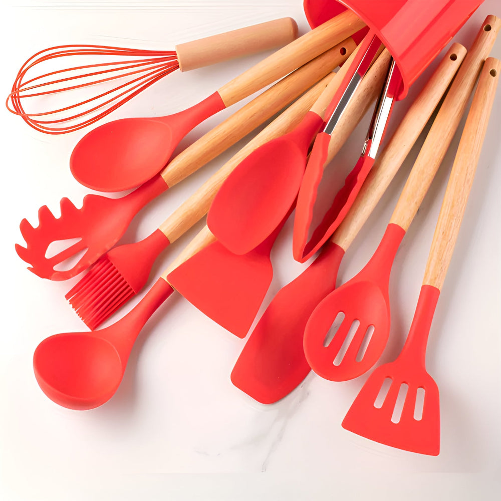 12-Piece Silicone Kitchen Utensil Set with Bamboo Handles and Holder – Heat-Resistant Nonstick Cooking Tools for Home Chefs | Thomler