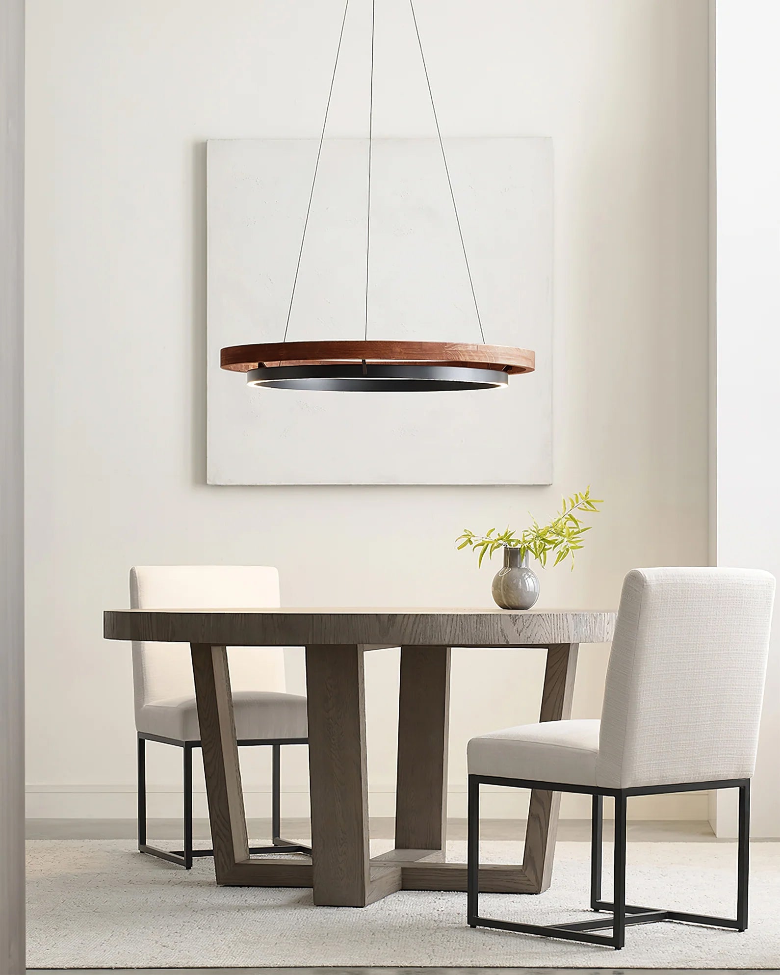Chandelier LED Double Ring 23.6 in Ceiling Light Walnut Black Modern Living Room Dining Hanging Fixture | Thomler