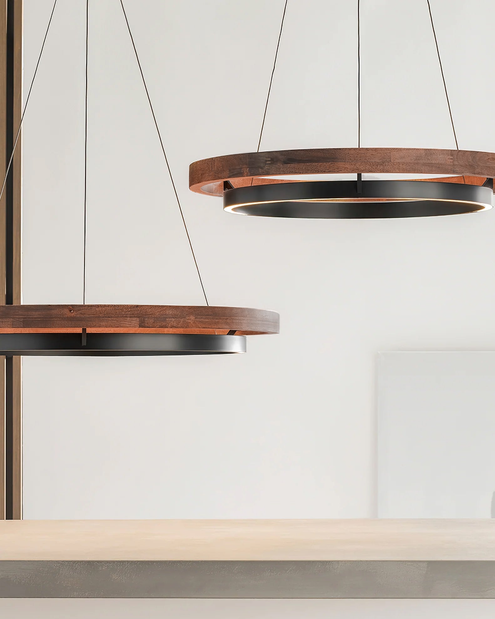 Chandelier LED Double Ring 23.6 in Ceiling Light Walnut Black Modern Living Room Dining Hanging Fixture | Thomler