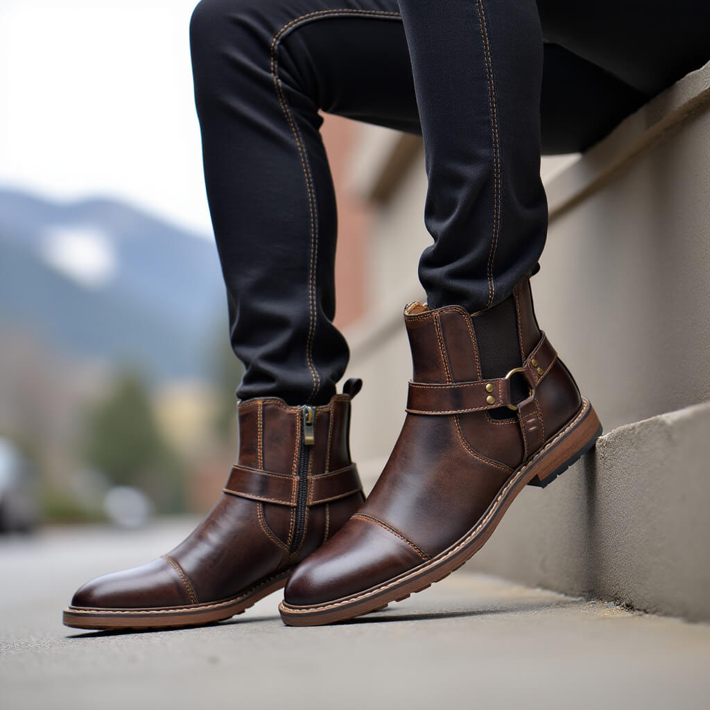 Men's Vintage Motorcycle Leather Boots – Lace-Up Ankle Boots with Sturdy Sole for Riding, Work & Everyday Wear – Moto-Inspired Footwear | Thomler