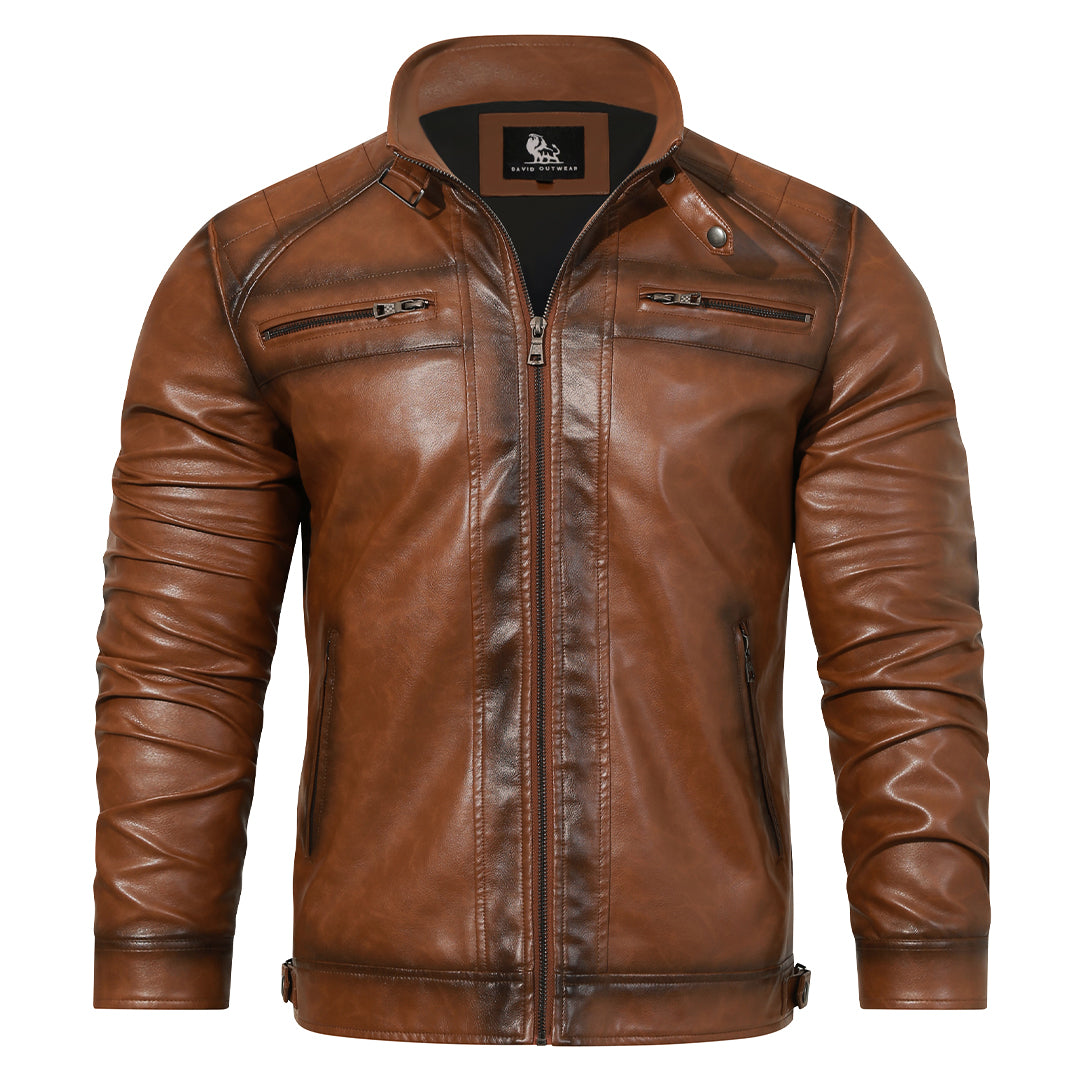 Men's Embroidered Moto Jacket in PU Leather with Side Belt & Zip Pockets – Classic Biker Style for Street, Rides & Everyday Wear | Thomler