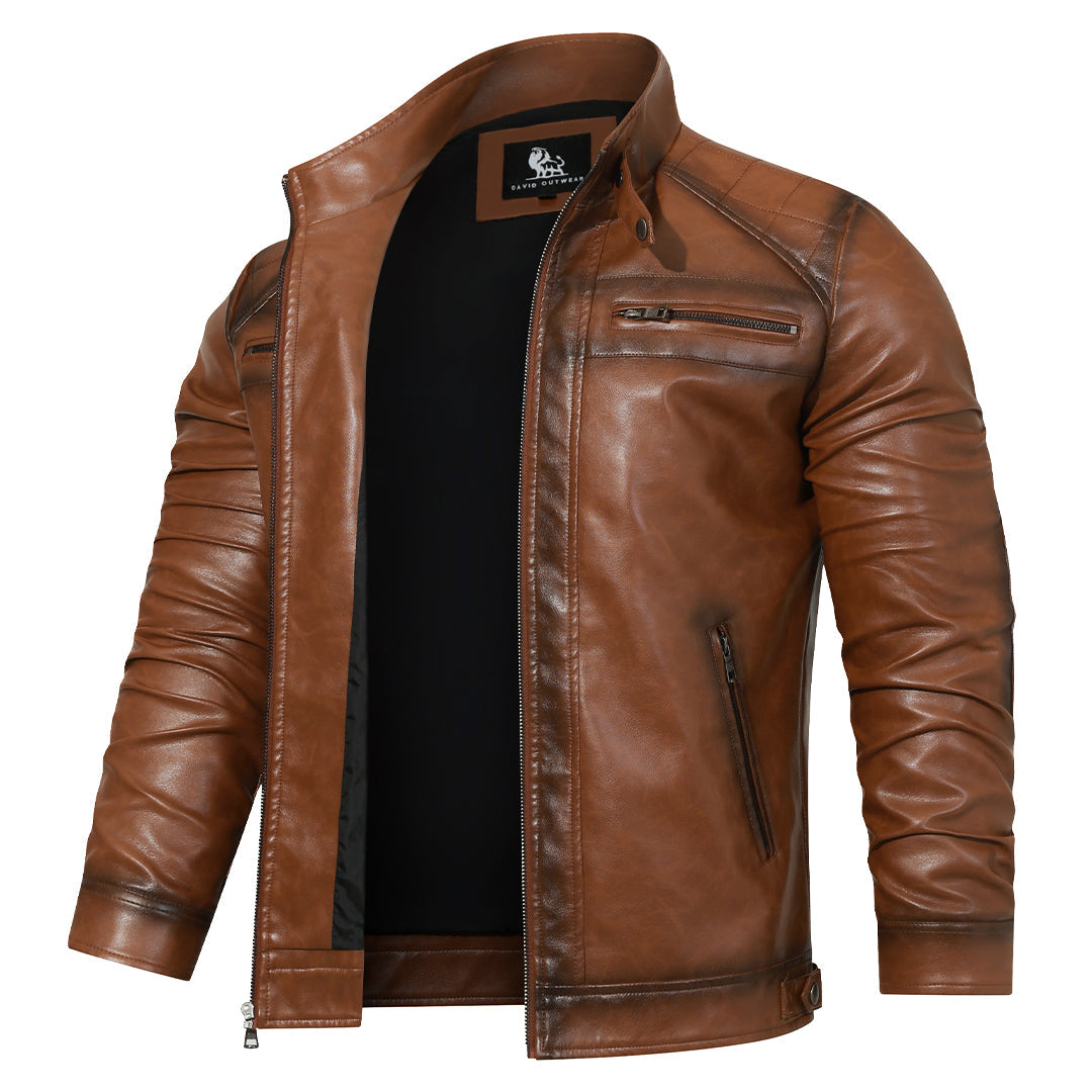 Men's Embroidered Moto Jacket in PU Leather with Side Belt & Zip Pockets – Classic Biker Style for Street, Rides & Everyday Wear | Thomler