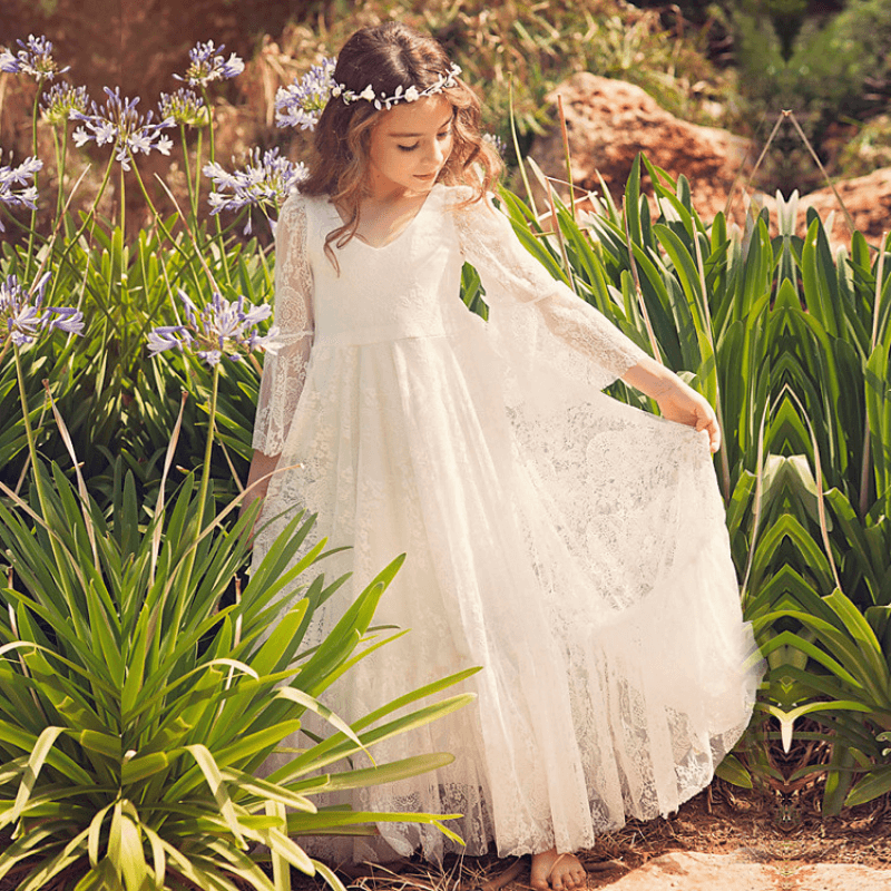 Girls First Communion Dress White Lace Bohemian Flower Girl Gown Soft Cotton Blend for Special Occasions Wedding Easter | Thomler