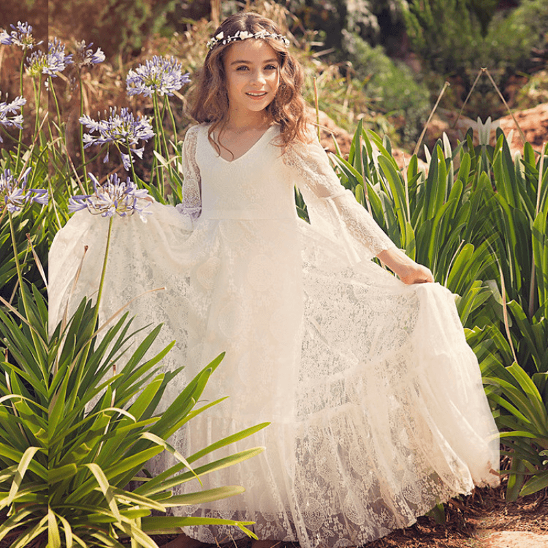 Girls First Communion Dress White Lace Bohemian Flower Girl Gown Soft Cotton Blend for Special Occasions Wedding Easter | Thomler
