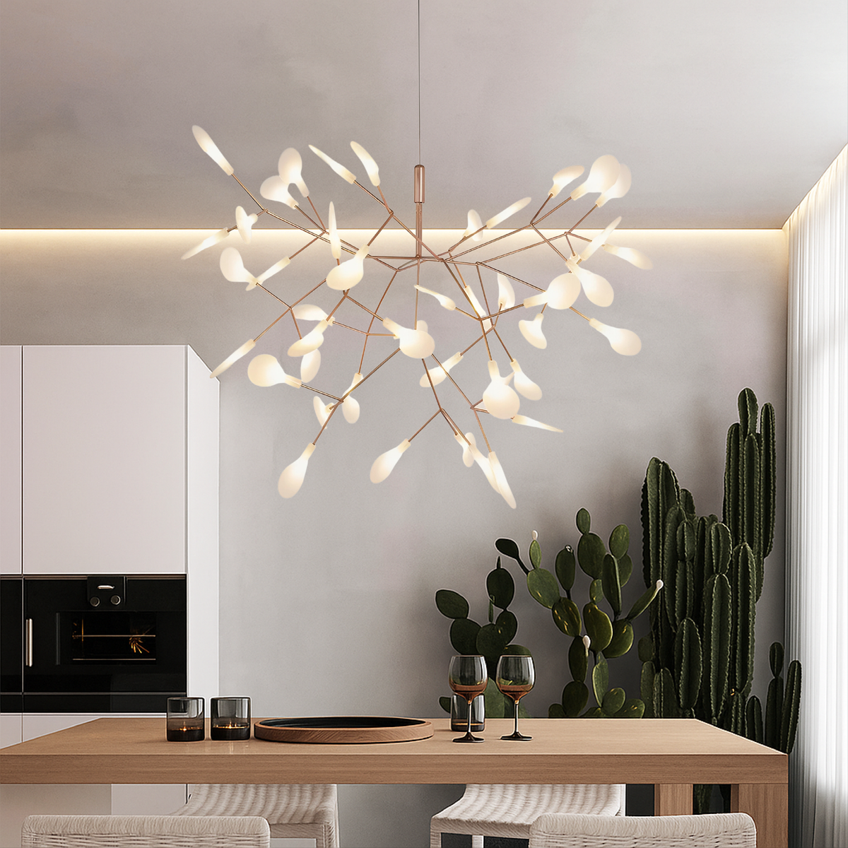 Branching LED Chandelier with Glowing Orbs in Rose Gold Finish – Modern Multi-Light Fixture for Dining Room, Living Room & High Ceilings | Thomler