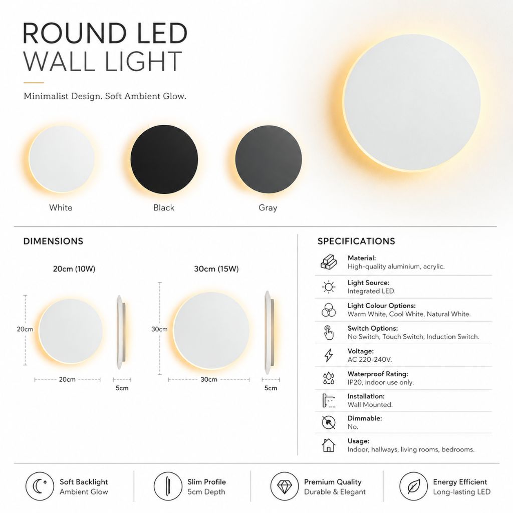 LED Circular Wall Sconce with Backlight Halo – Aluminum & Acrylic Fixture for Hallway, Bedroom, Living Room | Modern Indoor Lighting | Thomler