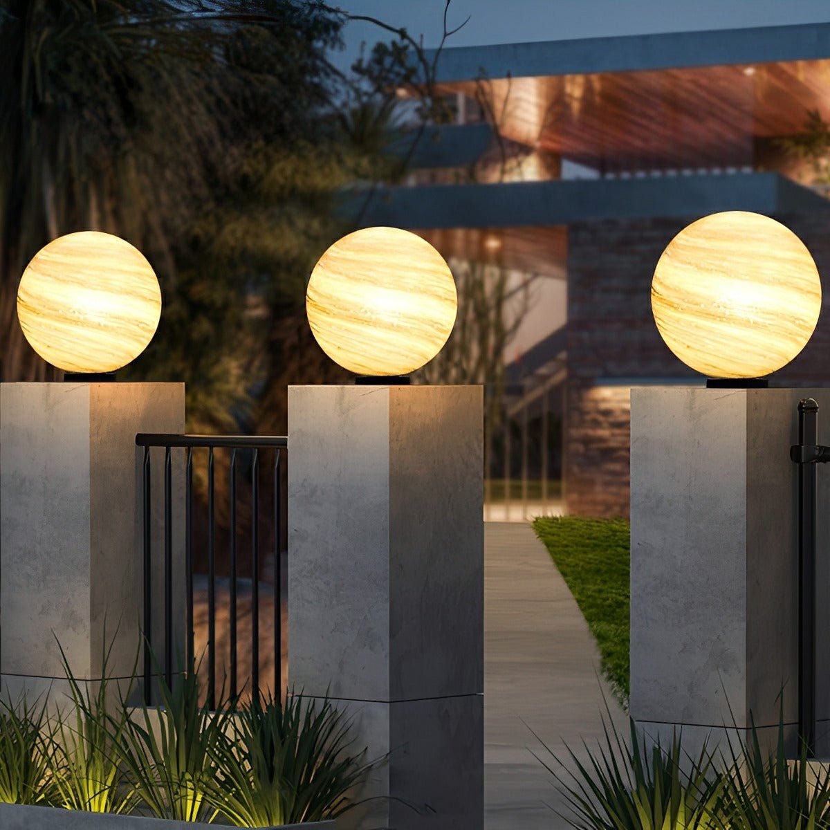 Outdoor Post Light Glass Globe Ø 40.0 cm Marble Effect Garden Fence Driveway Waterproof Pillar Lamp | Thomler