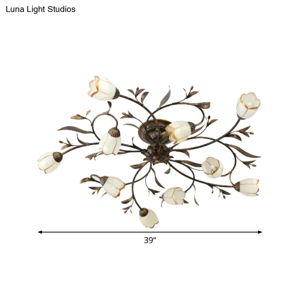 Cream Glass Floral Vine Chandelier with Antique Brass Finish for Bedroom, Dining Room & Living Room | Thomler