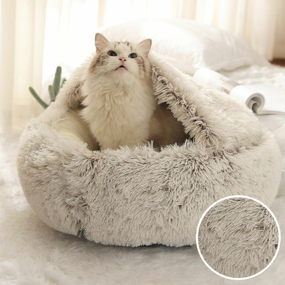 Hooded Cat Bed with Raised Rim – Plush Donut Nest for Anxious Cats, Semi-Enclosed Design for Security | Thomler