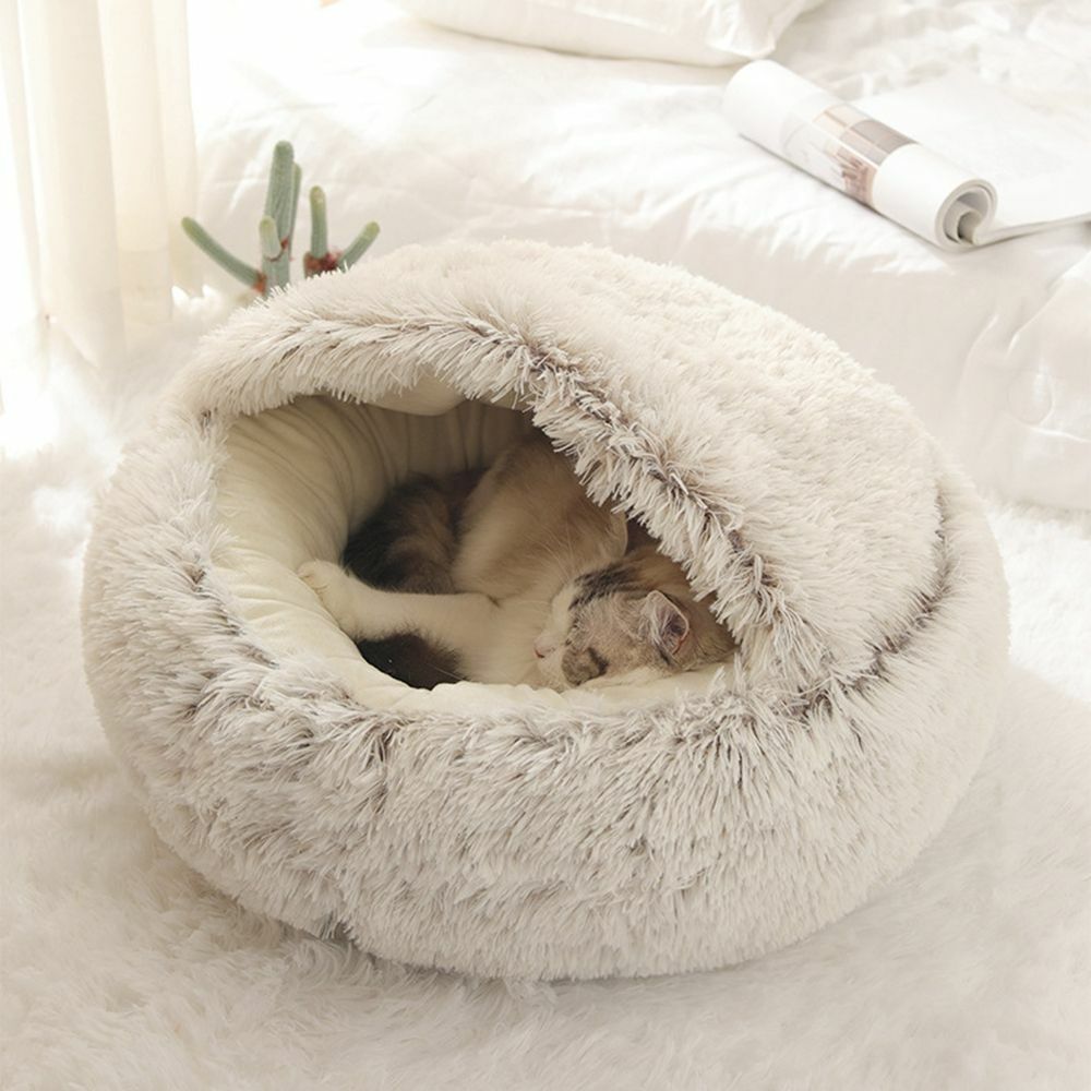 Hooded Cat Bed with Raised Rim – Plush Donut Nest for Anxious Cats, Semi-Enclosed Design for Security | Thomler