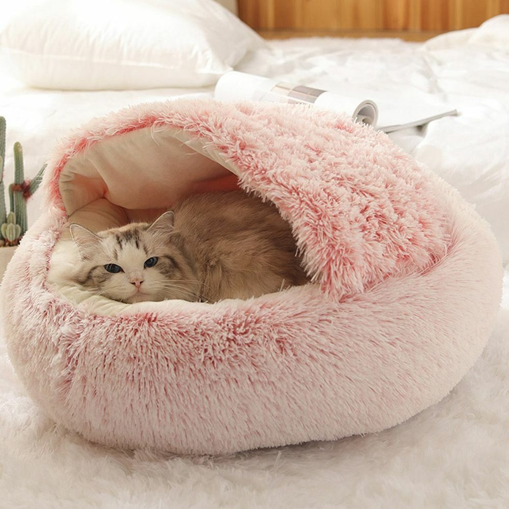 Hooded Cat Bed with Raised Rim – Plush Donut Nest for Anxious Cats, Semi-Enclosed Design for Security | Thomler