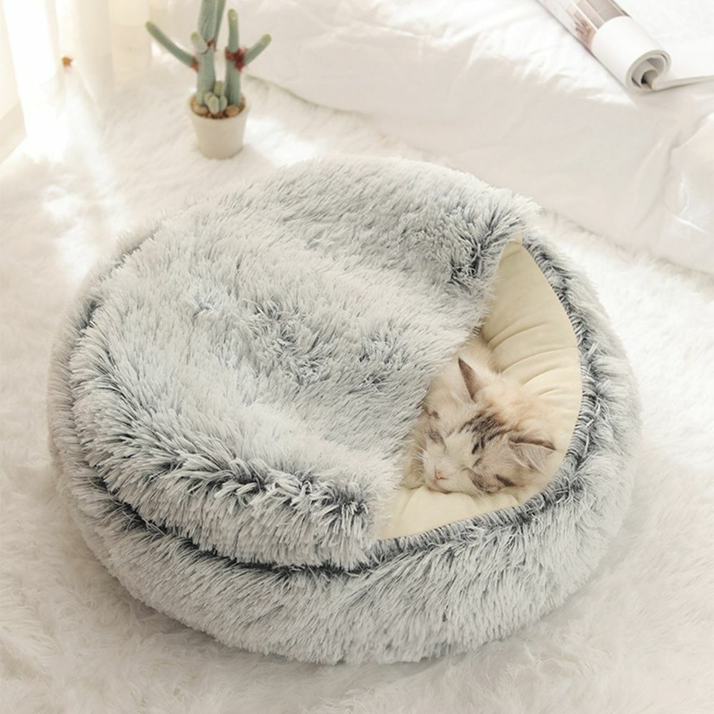 Hooded Cat Bed with Raised Rim – Plush Donut Nest for Anxious Cats, Semi-Enclosed Design for Security | Thomler