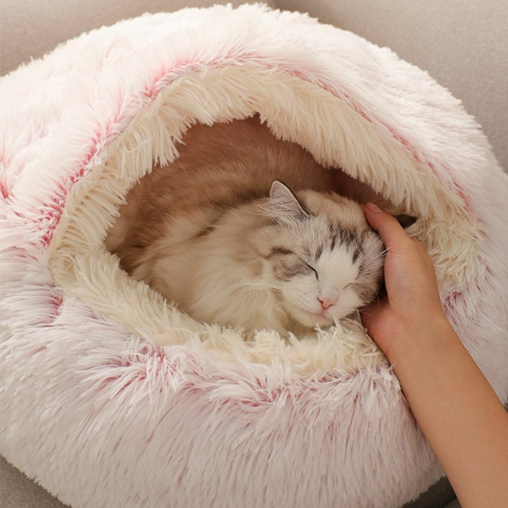 Hooded Cat Bed with Raised Rim – Plush Donut Nest for Anxious Cats, Semi-Enclosed Design for Security | Thomler