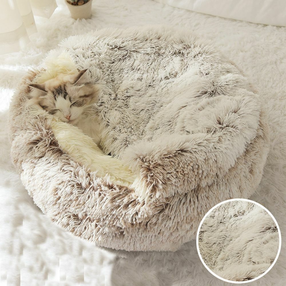 Hooded Cat Bed with Raised Rim – Plush Donut Nest for Anxious Cats, Semi-Enclosed Design for Security | Thomler