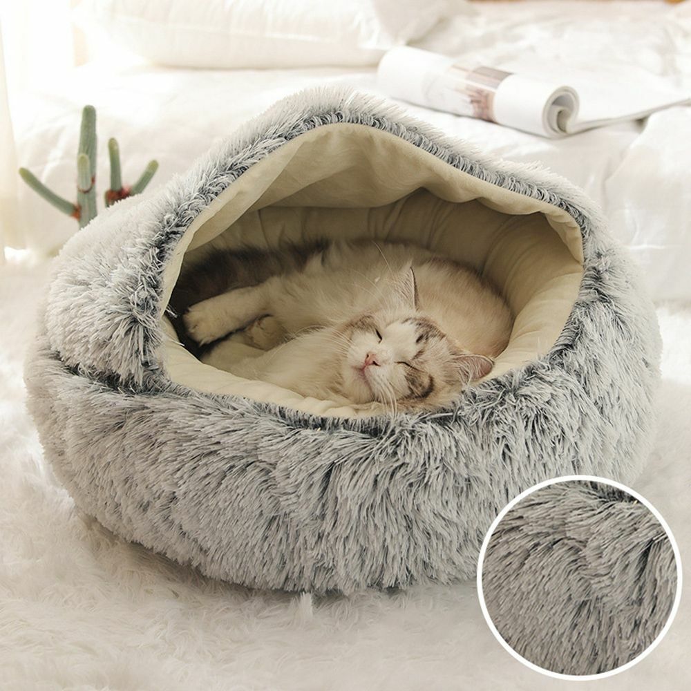 Hooded Cat Bed with Raised Rim – Plush Donut Nest for Anxious Cats, Semi-Enclosed Design for Security | Thomler