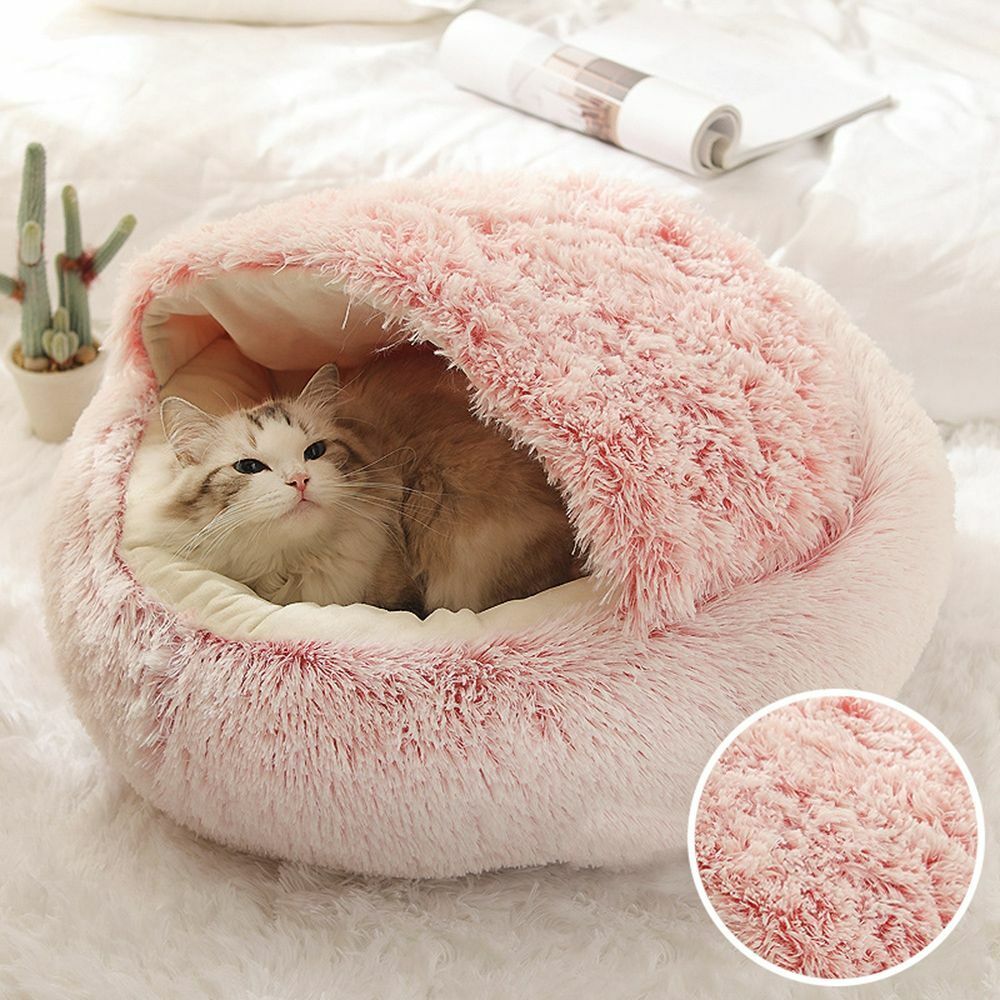 Hooded Cat Bed with Raised Rim – Plush Donut Nest for Anxious Cats, Semi-Enclosed Design for Security | Thomler