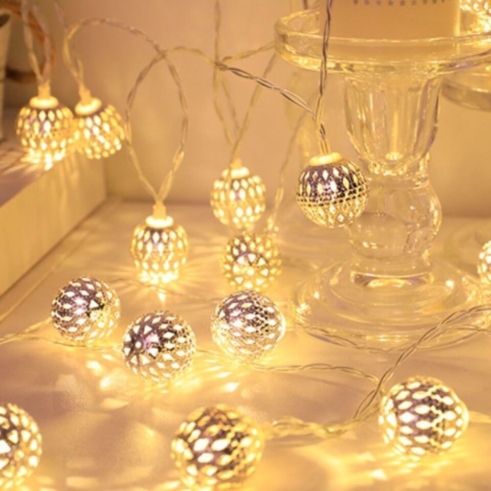 Moroccan Metal Globe String Lights Solar Powered Outdoor Patio Decor 20-30 Warm White LED Orbs Bohemian Weatherproof Garden Balcony | Thomler