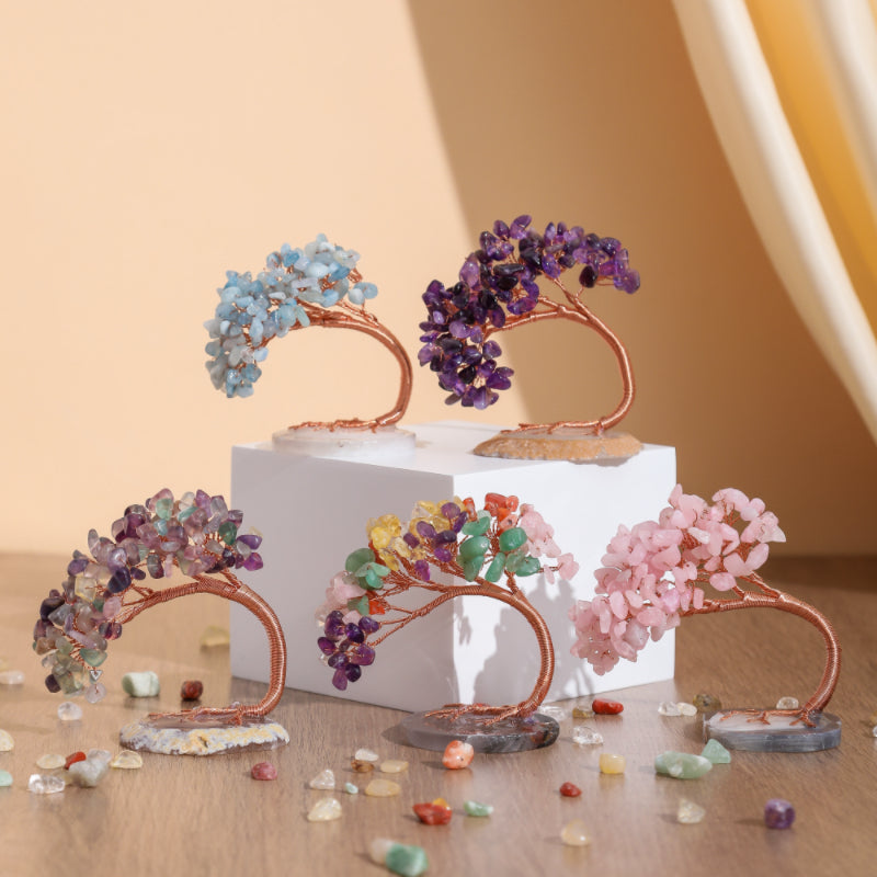Natural Stone Tree of Life Figurine with Chakra, Amethyst, Rose Quartz, Fluorite & Aquamarine – Crystal Wire Art Home Décor Spiritual Gift | Thomler