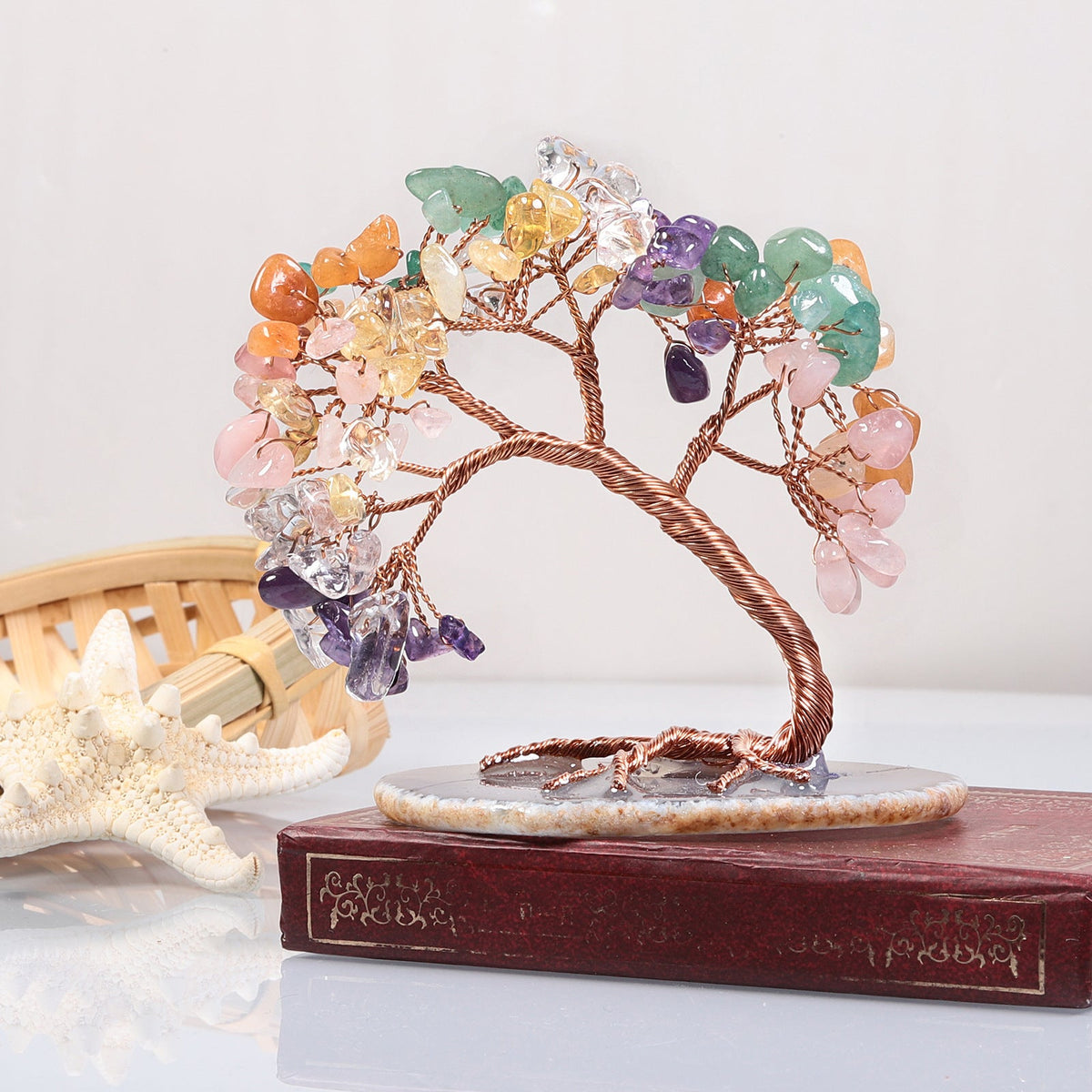 Natural Stone Tree of Life Figurine with Chakra, Amethyst, Rose Quartz, Fluorite & Aquamarine – Crystal Wire Art Home Décor Spiritual Gift | Thomler