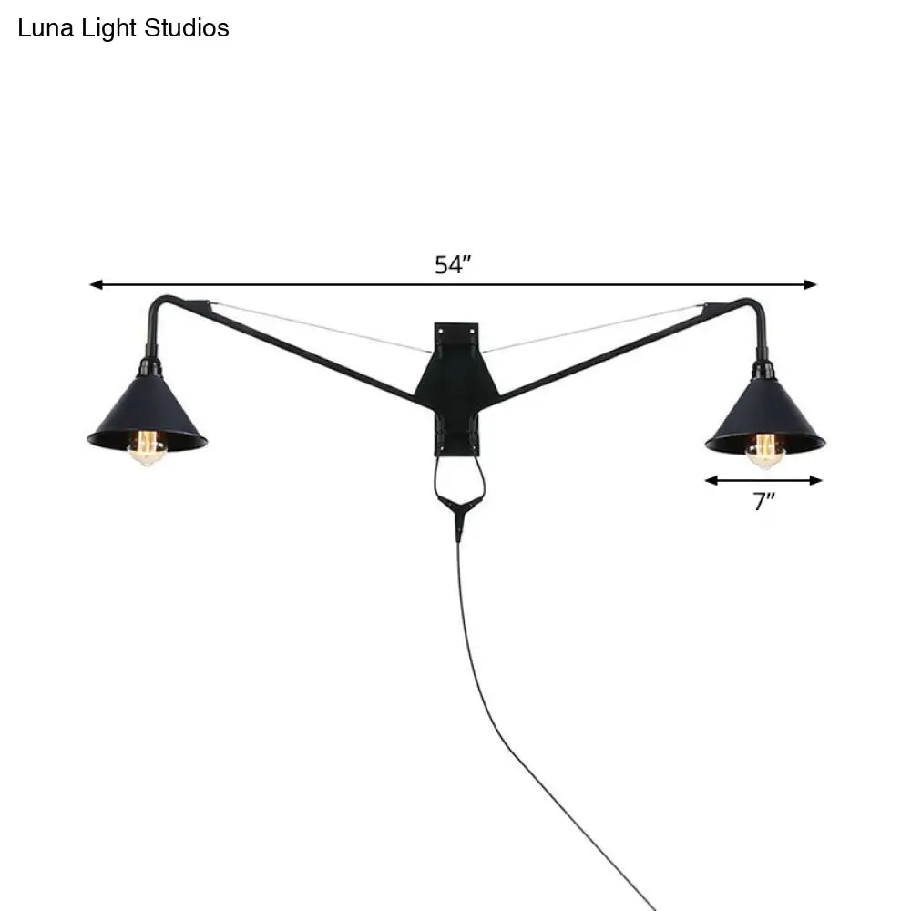 Industrial Swing Arm Wall Sconce Black Metal Shade Adjustable Long Reach Plug-In Hardwired Edison Vintage Loft Farmhouse | Thomler