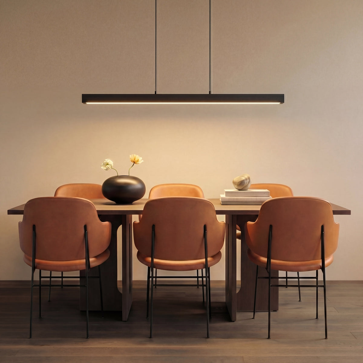 Linear Wood and Metal Pendant Light – Modern Minimalist Dining Room Chandelier – Warm White LED – 31.5 to 47 Inch – Hardwired Ceiling | Thomler