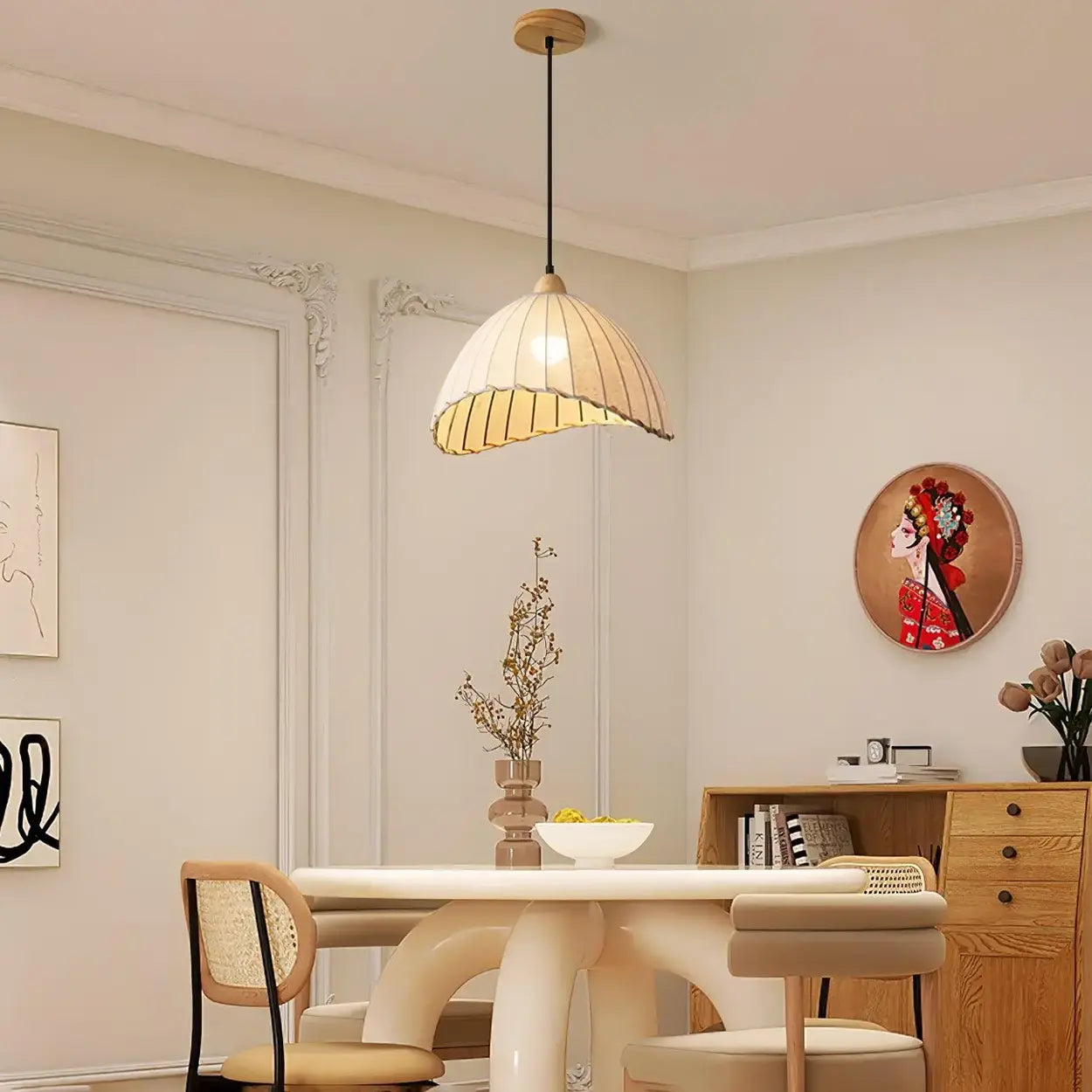 Pendant Light Wood Fabric Shade 150.0 cm 59.1 Inch Dining Room Scandinavian Japandi Hanging Ceiling Lamp E27 | Thomler