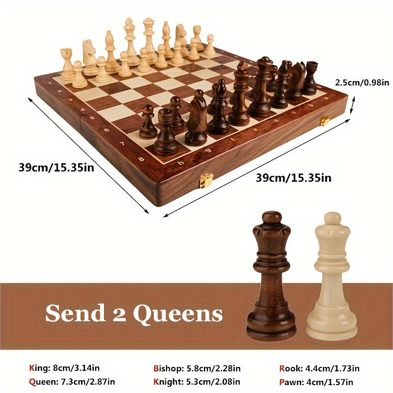 Folding Wooden Chess Set with Carved Pieces & Storage | Portable Travel Board for Home & Trips | Classic Game | Thomler