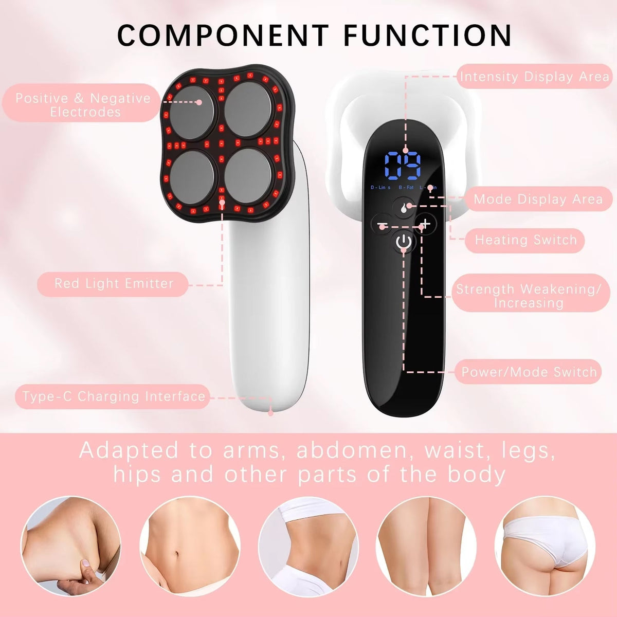 Cordless Body Contouring Device with EMS RF Red Light Heat Therapy 40 Intensity Levels Rechargeable Handheld Massager for Smooth Firm Skin | Thomler