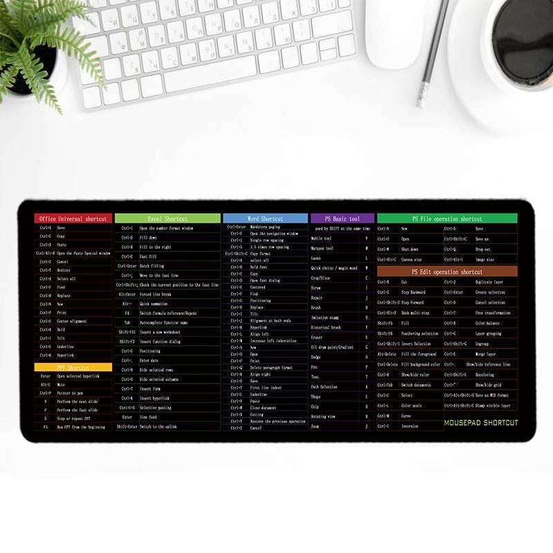 Computer Keyboard Shortcut Reference Desk Mat Extended Gaming Mouse Pad with Cheat Sheet Guide for Windows PC Office | Thomler