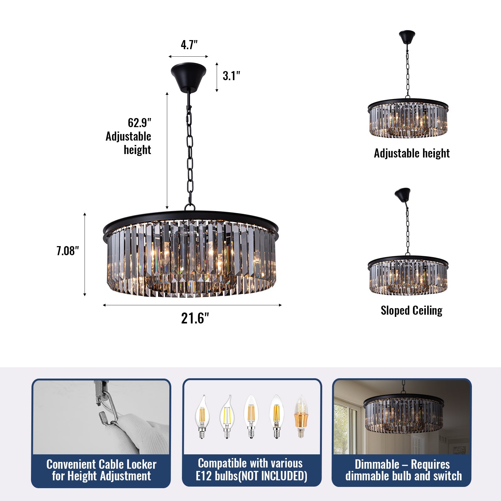 Smoky Gray K9 Crystal Chandelier Round Canopy Pendant for Dining Room Living Room Kitchen Modern Hanging Fixture E12 Bulb Adjustable Chain | Thomler