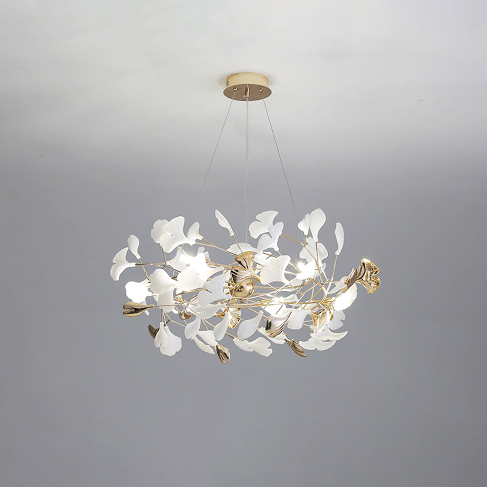 Ceramic Leaf Cluster Pendant Light with Adjustable Cord – Gold Metal Frame Multi-Bulb Chandelier for Dining Room, Living Room & Bedroom | Thomler