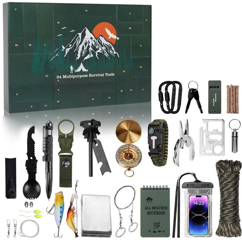 Holiday Countdown Outdoor Gear Calendar with 24 Daily Tools for Camping Hiking & Wilderness Adventures – December Gift Box Set for Men Women | Thomler