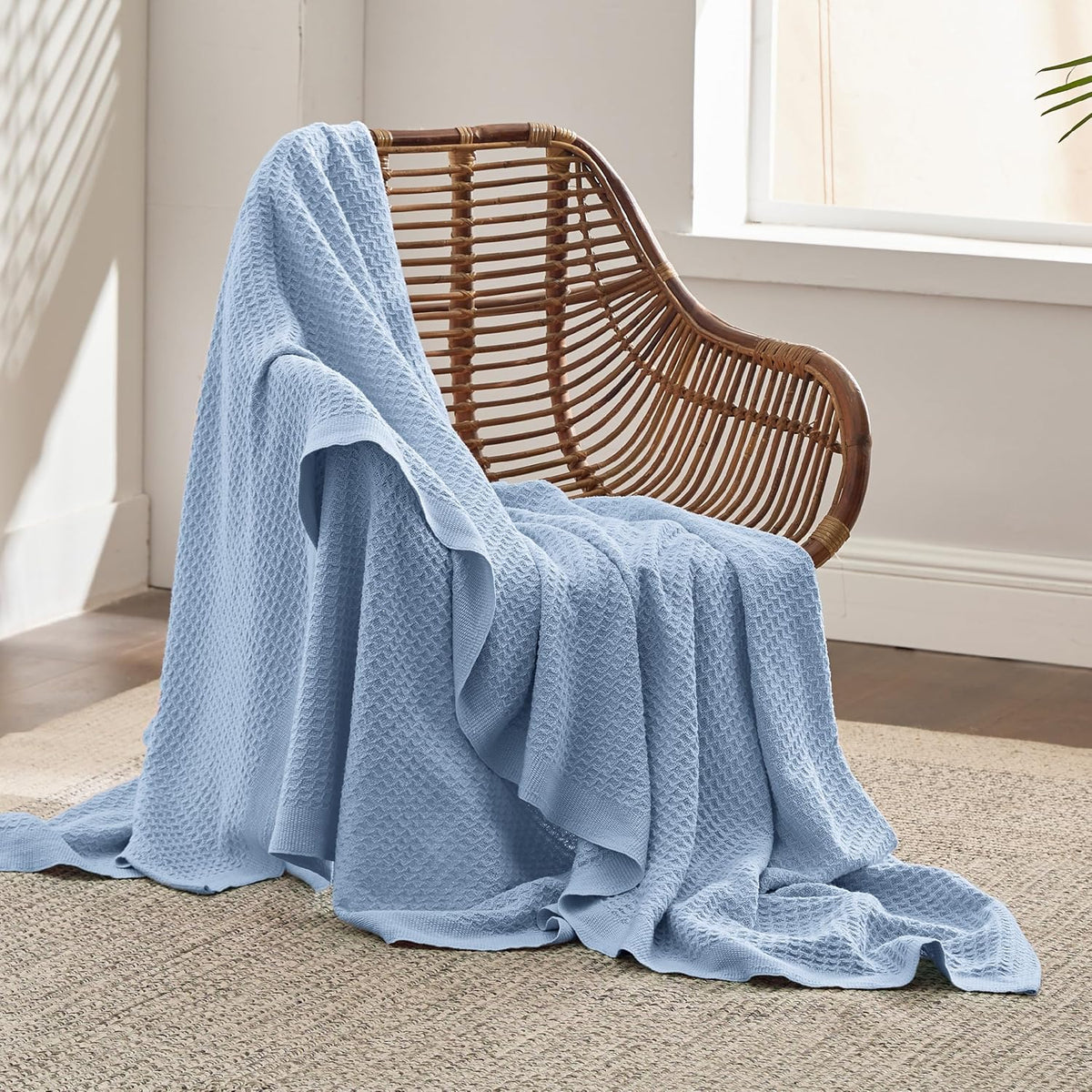 Pure Cotton Thermal Blanket – Queen 90×90 in – Textured Weave Layer for All Seasons – Lightweight & Breathable Throw for Bed or Sofa | Thomler