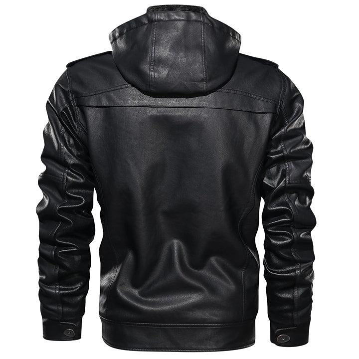 Men's Hooded Faux Leather Moto Jacket - Removable Hood, Water-Resistant PU Coat for Fall & Winter | Thomler