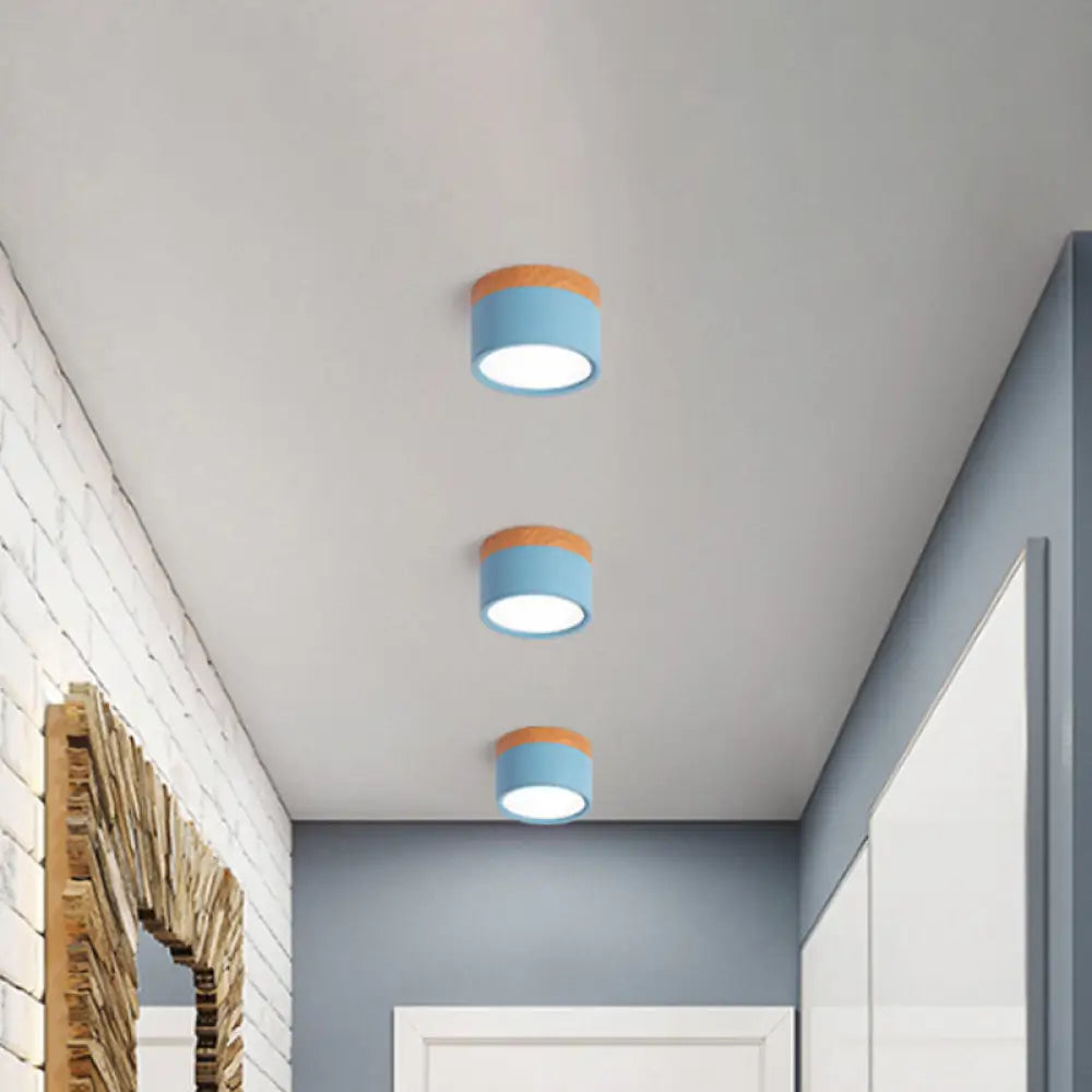 Compact Round Ceiling Light Fixture with Metal & Wood Finish for Kitchen Hallway Bedroom Kids Room | Modern Low-Profile LED Flush Mount | Thomler