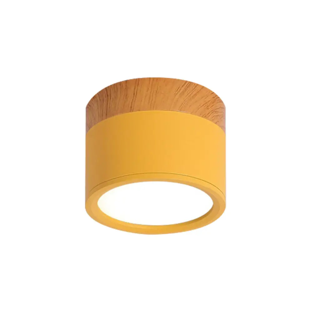 Compact Round Ceiling Light Fixture with Metal & Wood Finish for Kitchen Hallway Bedroom Kids Room | Modern Low-Profile LED Flush Mount | Thomler
