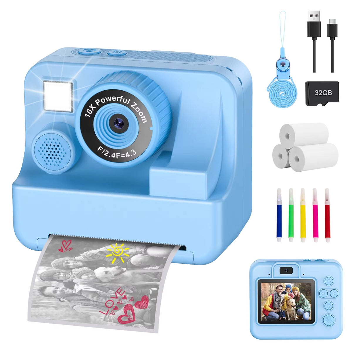 Kids Digital Camera with Instant Print – 1080P HD Photo & Video Recorder, 16x Zoom, Built-In Games, 32GB Memory & Coloring Pens for Ages | Thomler