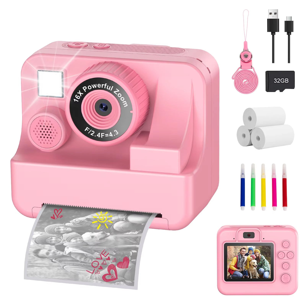 Kids Digital Camera with Instant Print – 1080P HD Photo & Video Recorder, 16x Zoom, Built-In Games, 32GB Memory & Coloring Pens for Ages | Thomler