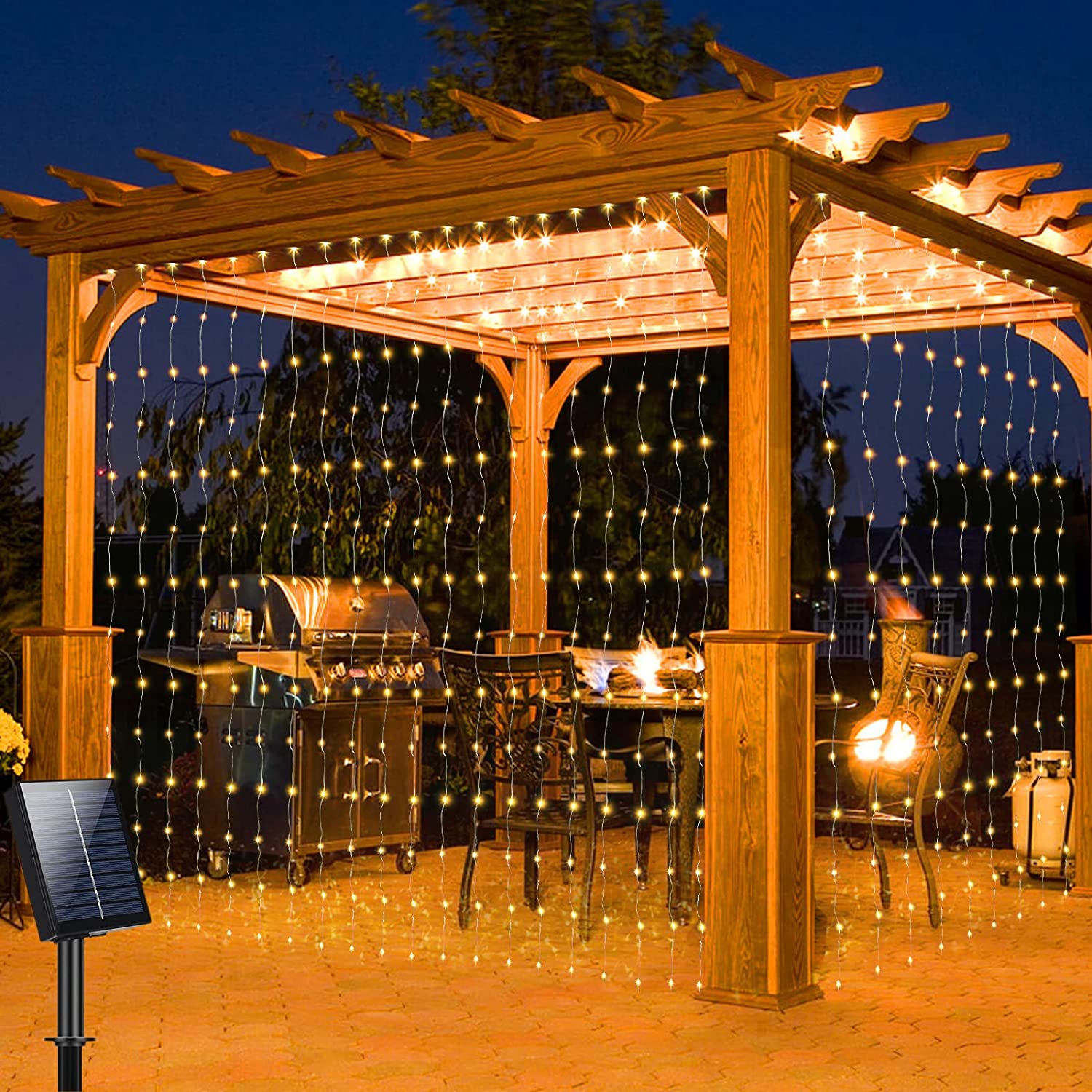 Outdoor Solar Curtain Light 300 LED 7 ft x 10 ft Waterproof Garden Patio Pergola Decoration | Thomler