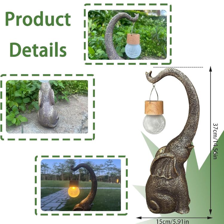 Copper Elephant Garden Statue Solar Light for Patio, Lawn & Yard Decor | Weatherproof Outdoor Figurine Lamp with LED Warm White Glow | Thomler