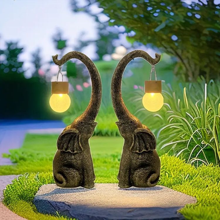 Copper Elephant Garden Statue Solar Light for Patio, Lawn & Yard Decor | Weatherproof Outdoor Figurine Lamp with LED Warm White Glow | Thomler