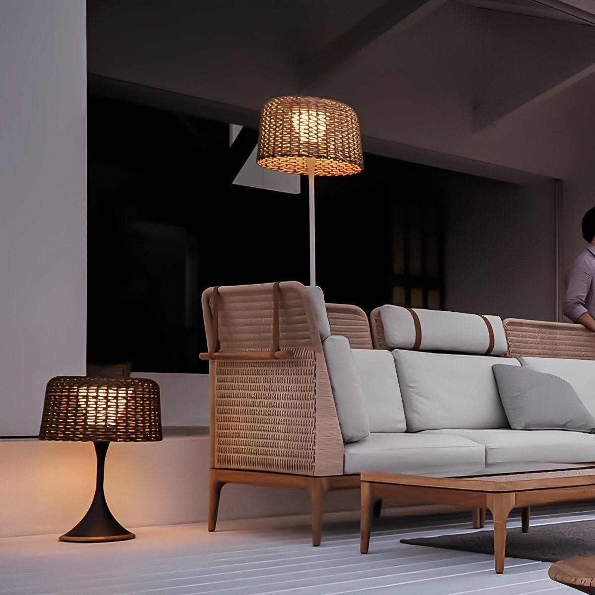Floor Lamp Synthetic Rattan 176.0 cm White Outdoor Patio Solar LED Garden Lighting Waterproof | Thomler