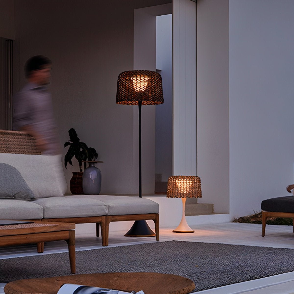 Floor Lamp Synthetic Rattan 176.0 cm White Outdoor Patio Solar LED Garden Lighting Waterproof | Thomler